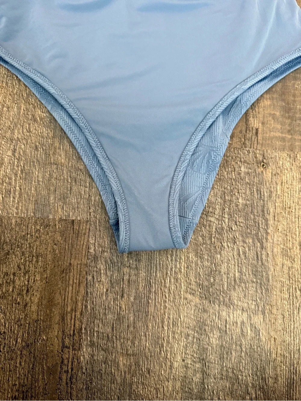 Aerie Cheeky One Piece Swimsuit Blue Textured Scoop Neck Size Large